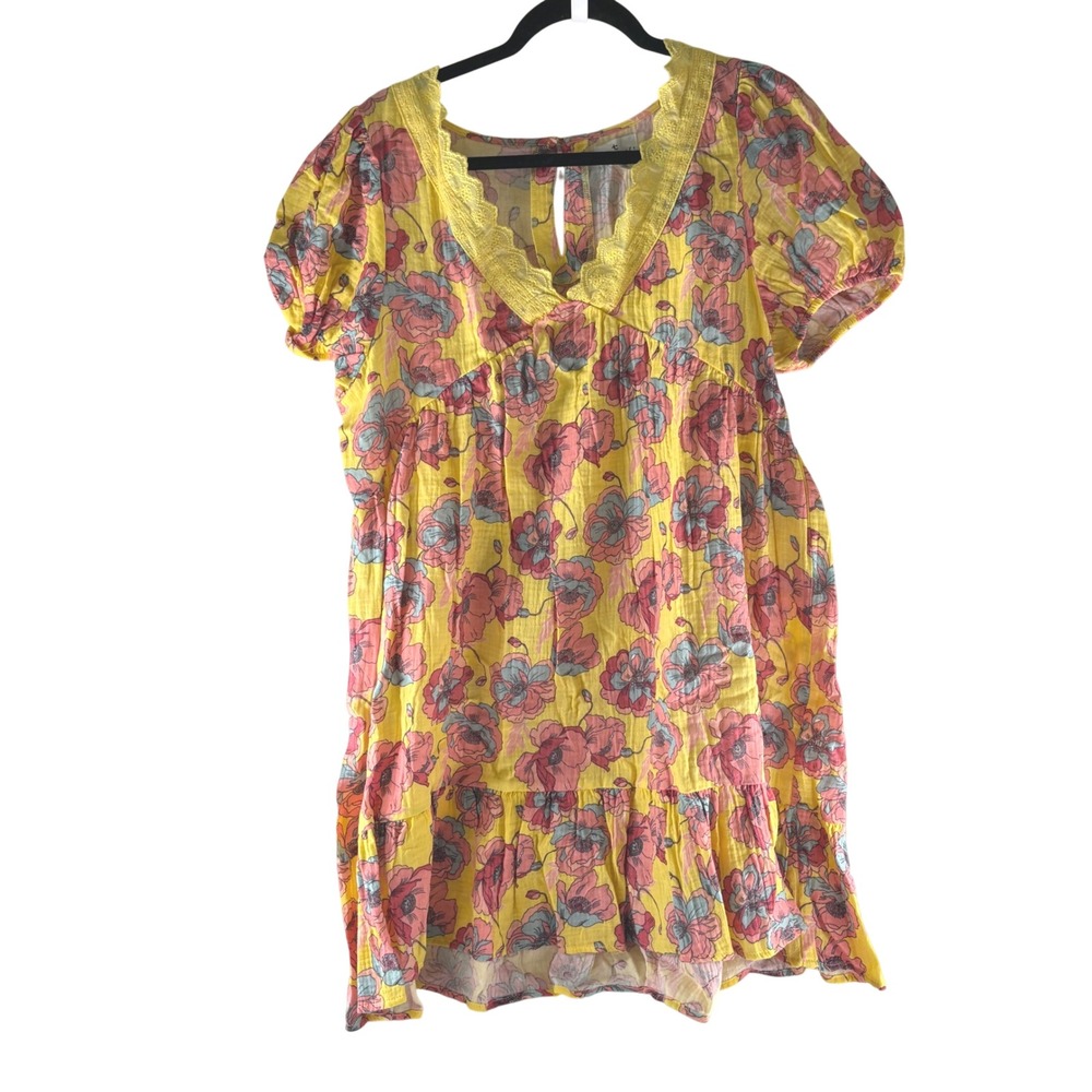 True Craft Womens XL Floral Gauze Lace Trim Babydoll Mini Dress Puff Sleeve